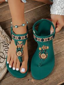 1 Pair Bohemian Style Sandals! Fashion Toe-Ring Beaded Flower Decor Beach Style Round Toe Sandals - Peacock Blue - View 3