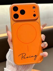 定制个性化字母雕刻名字简约磁吸图案手机壳，兼容 17 Pro Max、17、16、15、14、13 Pro Max、14、15、16 Plus，防震 - 橘色 - 查看 10