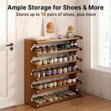 Senmeo 4/5/6-Tier Natural Wood Color Wooden Shoe Rack - Multi-Layer Freestanding Shoe Storage Organizer With Wood Grain Finish, Stackable Shoe Shelves For Entryway, Closet, Hallway, Mudroom, And Front Door, Space-Saving Narrow Shoe Organizer Fits 15-24 Pairs Of Shoes, Easy Assembly Home Storage Supplies For Renters​ - 6層70茶色 - 查看 1