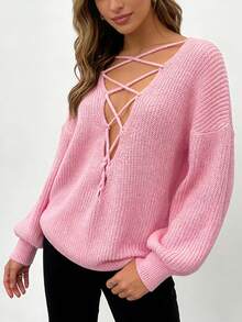 Women's New V-Neck Crossed Strap Long Sleeve Sweater, Fashion Casual Minimalist Sexy Versatile Knit Top For Parties, Autumn/Winter - Pink - View 4