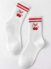 1 Pair Color Ladies' Style Red Cherry Green Leaf Pattern / Cherry Leopard Pattern Bow And Other Pattern Ladies' Socks, White Double-Striped Socks, Loose Fit, Suitable For Both Men And Women, Invisible Socks, Sweat-Absorbing, Breathable And Quick-Drying, Sporty And Casual Style, Suitable For Daily Wear / As A Party Gift / Easter / Holiday Gift / Summer Style. - Multicolor - View 15