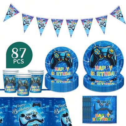 20pcs/Set Disposable Tableware, Blue Lightning Game Controller Happy Birthday 7"/9" Disposable Paper Plates, Cups, Napkins, Tablecloth And Pennant Flags Party Supplies Set, Themed Party Decorations, Disposable Party Essentials, Themed Party Gathering, Gift Party, Disposable Paper Plates Party Tableware Suitable For Birthday, Wedding, Themed Party, Family Picnic