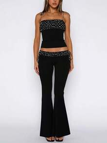 女士情人节波点印花吊带背心和喇叭裤时尚套装 - 黑色 - 查看 3