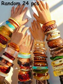 Vintage Elegant Retro French Romantic Antique Coin Style Random 29pcs/24pcs/21pcs/16pcs/11pcs/8pcs/5pcs/1pc Metal Resin Multi-Element Antique Geometric Irregular Colorful Acrylic Ombre Transparent Brown Blue Green Yellow White Leopard Print Thick Resin Bracelet Set With Faux Pearl, 5-Petal Flower, Bow, Round Disc, Wave Knot, Multi-Layer Line Crossed Hollow Wide Bangle - Multicolor - View 12