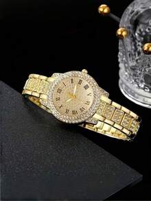 7件套优雅石英手表及珠宝套装，时尚女士圆形手表，水晶项链，耳环，戒指，手链套装（不含礼盒） - 金色 - 查看 4