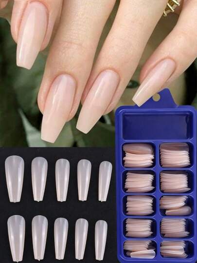 120pcs Transparent Nude Color Extra Long Coffin, Square, Full Cover Press-On Nails, Glossy Minimalist Acrylic False Nails, Suitable For DIY Nail Salon Design Extension Nail Supplies