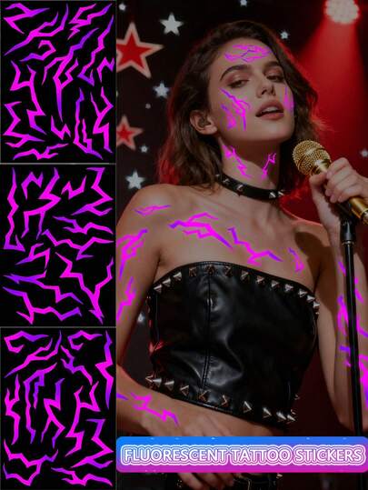 3张夜光/紫外线紫色纹身贴纸，电影猎人临时纹身贴纸，韩流紫色角色扮演配饰，舞蹈角色扮演纹身贴纸道具，完美适用于角色扮演，Y2K纹身贴纸