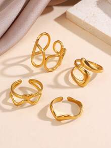 Conjunto de 4 anéis geométricos ovais vazados em aço inoxidável banhado a ouro 18K, perfeitos para uso feminino e como presentes de Natal. - Multicolorido - Ver 1