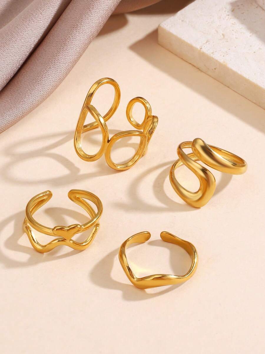 Conjunto de 4 anéis geométricos ovais vazados em aço inoxidável banhado a ouro 18K, perfeitos para uso feminino e como presentes de Natal. - Multicolorido - Ver 1