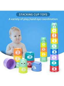 9pcs Baby Stacking Cups, Children's Sorting Scientific Educational Cognitive Enlightenment Learning Toys, Numeric & Alphabet Pattern Stacking Cups, Cartoon Bear, Attention & Recognition Training, Soft Building Blocks, 6 Months Baby Toys, Toddler Toys - Multicolor - View 2