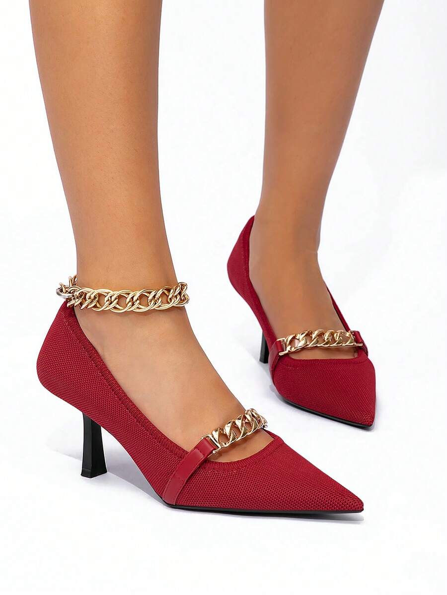 Damen modische einfarbige Spitzschuh Stiletto High Heel Schuhe, Ketten-Dekor Stoff Pumps für Pendeln und Dates, ganzjährig - Rot - Übersicht 1