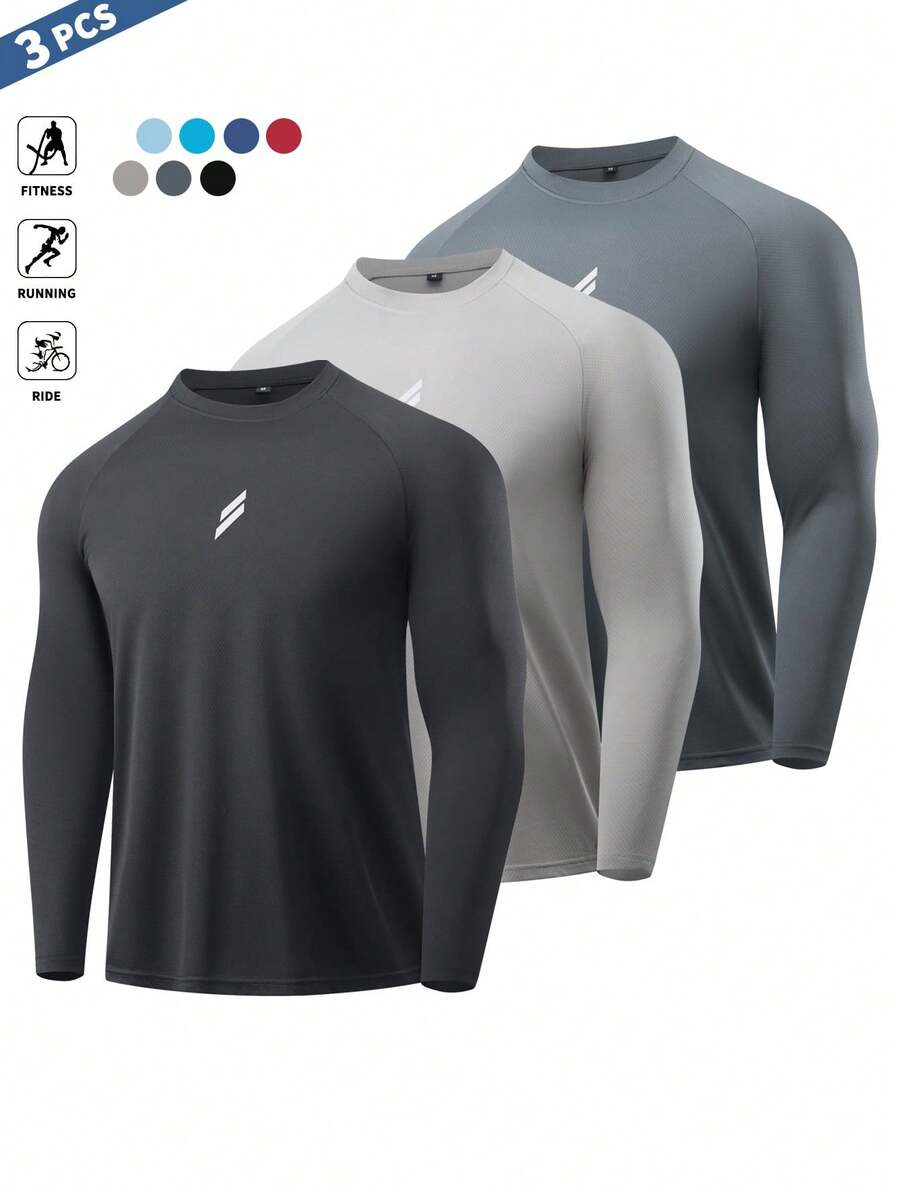 3件套 男士圆领插肩长袖简约运动健身T恤 - 彩色 - 查看 1