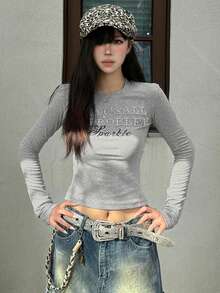 Áo thun cổ tròn tay dài đính đinh tán chữ American gợi cảm dành cho nữ, áo bó sát cho mùa thu - Xám - Xem 6