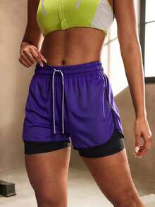 1pc Women's 2-In-1 Layered Shorts, Sports Running Shorts, Suitable For Gym Workout Outdoor Running, Summer - Purple - View 3