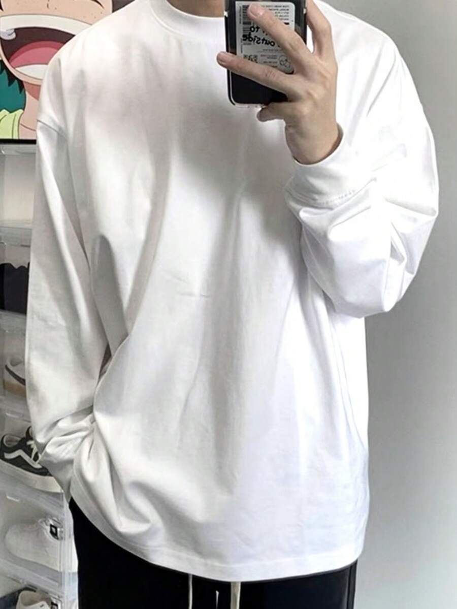 Men's Basic Plain Long-Sleeve T-Shirt, 100% Cotton, 30.1 Combed Yarn, Crew Neck, Unisex, Casual Style, Premium Spring/Summer - 白 - 查看 1