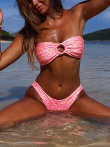 Women 2 Pieces Bikini Swimsuits Floral Print Padded Bra Strapless Tube Tops Thong Bottoms Beach Bathing Suit Set - 藕粉色 - 查看 6