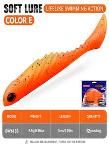TACKLEPIONEER 12个T型尾软饵，7厘米/2.9克（2.76英寸*0.1盎司），仿生PVC钓鱼饵，带3D眼睛 | 偏置曲柄钩铅头钓组 - 慢沉，防咬设计，逼真泳姿，多种颜色可选，适用于鲈鱼、河鲈和海鲈。 - 彩色 - 查看 15
