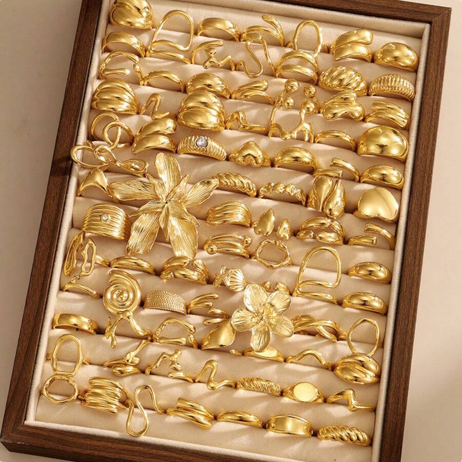 15pcs Fashionable Metal Flower & Geometric Elements Ring Set For Women, Suitable For Daily Matching (Random Styles) - Gold - View 1