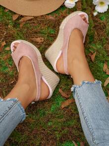 Platform Wedge Woven Bottom Peep-Toe Shoes, Rhinestone Decor Peep-Toe Sandals For Women, Increase Height