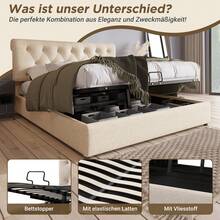 (=767778AAN) Hydraulically Adjustable Upholstered Bed 140x200cm, Adjustable Headboard, Double Bed With Metal Frame Slatted Base, Modern Bed Frame With Storage Space, Natural, Without Mattress - 米色 - 查看 6