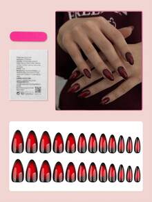 24片中号杏仁形渐变美甲贴纸，哥特黑红粉亮面全覆盖，适合女性和女孩美甲，居家DIY假指甲美甲用品 - 彩色 - 查看 2