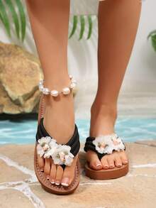 Summer New Rhinestone Decorated Flat Thong Sandals, Casual Slip-On Beach Slippers For Women, Black, Lightweight & Soft, Handmade Floral Design - Black - View 6