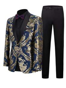 Brand Name Men's Brocade Three-Piece Suit  Floral Tuxedo Jacket, Black Waistcoat & Slim-Fit Trousers For Prom/Wedding/Party - 藍色 - 查看 5