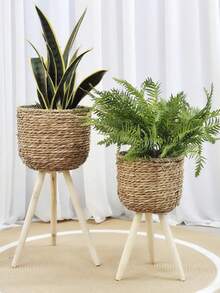 1pc Nordic Handmade Woven Planter, Indoor/Outdoor Decorative Flower Pot, Suitable For Planting Greenery, Minimalist Living Room Plant Stand, Floor-Standing Pothos Planter, Wooden Rattan Creative Storage Rack, Balcony Luxury Style Flower Pot - Brown - View 2