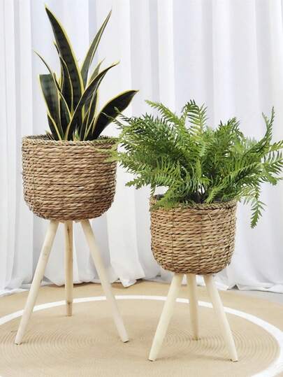 1pc Nordic Handmade Woven Planter, Indoor/Outdoor Decorative Flower Pot, Suitable For Planting Greenery, Minimalist Living Room Plant Stand, Floor-Standing Pothos Planter, Wooden Rattan Creative Storage Rack, Balcony Luxury Style Flower Pot