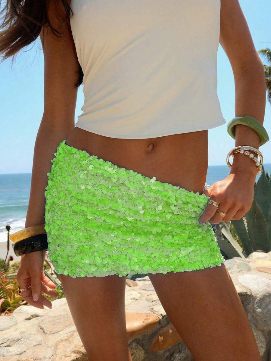Women's Sequin Mini Skirt Y2k Sparkly Low Waist Bodycon Short Skirt Summer Glitter Pencil Skirt Night Party Club Rave Streetwear - 綠色 - 查看 1