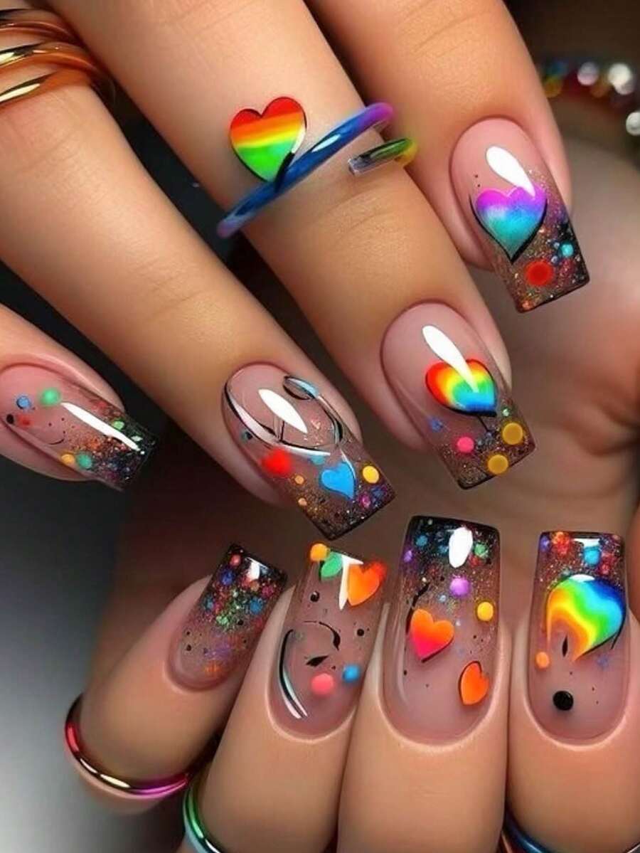 24片中号方形彩虹渐变闪粉爱心美甲贴纸，法式美甲贴纸，短款完美贴合亚克力假指甲套装，包含：1片果冻胶和1个指甲锉，爱心美甲适合女性和女孩日常佩戴，也适合情人节派对美甲用品。 - 彩色 - 查看 1