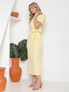 Casual Split Knot With Belt For Wedding - Yellow - View 3