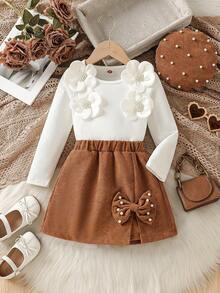 Young Girl Casual Cute Set: Pearl Flower Simple T-Shirt + Bow Beaded Skorts + Fashionable Beaded Hat - Brown - View 1