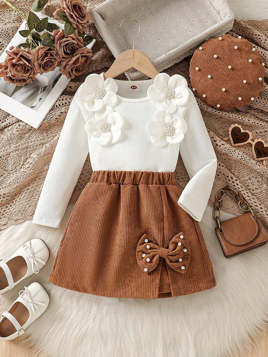 Young Girl Casual Cute Set: Pearl Flower Simple T-Shirt + Bow Beaded Skorts + Fashionable Beaded Hat - Brown - View 1