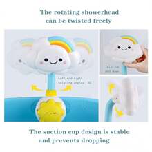 婴儿云朵喷水玩具，压力云朵喷水玩具，趣味玩具，莲花头可自由旋转，吸盘设计，无需充电，可增加宝宝洗澡的乐趣，适合18个月以上的宝宝使用。