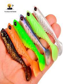 TACKLEPIONEER 12个T型尾软饵，7厘米/2.9克（2.76英寸*0.1盎司），仿生PVC钓鱼饵，带3D眼睛 | 偏置曲柄钩铅头钓组 - 慢沉，防咬设计，逼真泳姿，多种颜色可选，适用于鲈鱼、河鲈和海鲈。 - 彩色 - 查看 1