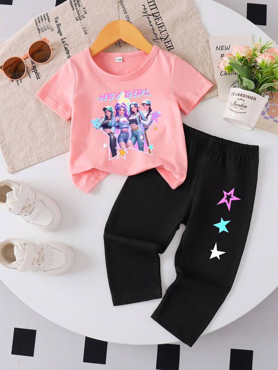 女婴时尚卡通女孩团体印花短袖上衣和星星印花裤子套装，春夏款