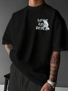 Doppelseitige weiße Taube Illustration Element Muster Druck Rundhalskragen Kurzarm T-Shirt Top Komfort atmungsaktives Stoff Freizeitsport Stil Männer 100% Baumwolle Straßenkleidung T-Shirt (Wählen Sie eine größere Größe, um einen lockeren Effekt zu erhalten) - Schwarz - Übersicht 2