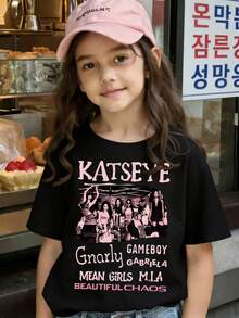 KATSEYE Girl Group Print T-Shirt, KATSEYE Band Girl Group Print Clothes, Suitable For Children Aged 4-12 New Year's Gift Shirts. This Comfortable And Breathable Short-Sleeved T-Shirt Is Perfect For Teen Girls Gift, Ideal For School And Home Wearing - 黑色 - 查看 2