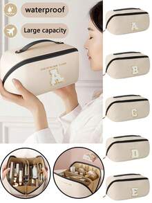 1pc Customized Letter A-Z Waterproof Makeup Bag, Multi-Functional Travel Toiletry Organizer, Large Capacity Cosmetic Storage Pouch, Bathroom Waterproof Organizer Bag, Suitable For Rings, Necklaces, Earrings, Brooches, Watches, Bracelets, Lipsticks, Eyeshadow Palettes, Contact Lenses, Bedroom Decor And Outdoor Travel Essentials - Multicolor - View 2
