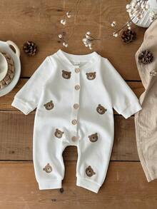 INS Unisex Baby Cartoon Bear Head Patchwork Long Sleeve Hooded Romper, Spring/Autumn - White - View 7