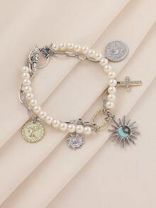 Layered Pearl Chain Bracelet For Women, Sun, Moon, Cross Pendant Charm Bracelet, Design - Multicolor - View 9