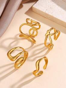 Conjunto de 4 anéis geométricos ovais vazados em aço inoxidável banhado a ouro 18K, perfeitos para uso feminino e como presentes de Natal. - Multicolorido - Ver 6