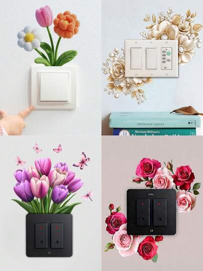 ملصق ديكور مفتاح إضاءة بأوراق الزهور والورود الوردية والزهور الطازجة، ملصقات مفتاح إضاءة قابلة للإزالة بزهور الزنبق والزهور الذهبية لغرفة النوم وغرفة المعيشة وغرفة الأطفال والحمام، ديكور مفتاح إضاءة لعيد الحب
