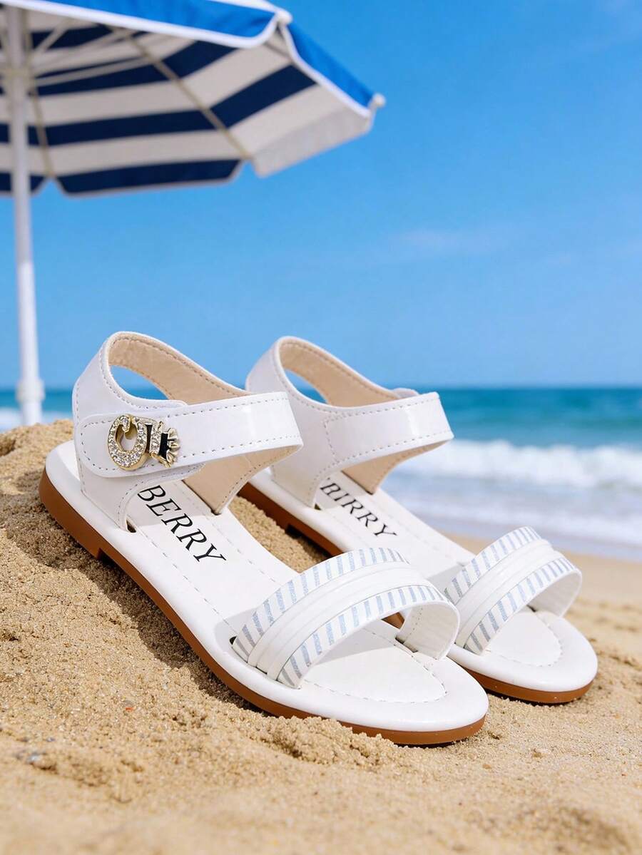 1 Pair Girls' Shiny Striped Rhinestone Buckle Soft Bottom Open Toe Lace-Up Casual Sandals, Suitable For Summer Beach/Family Outings - White - View 1