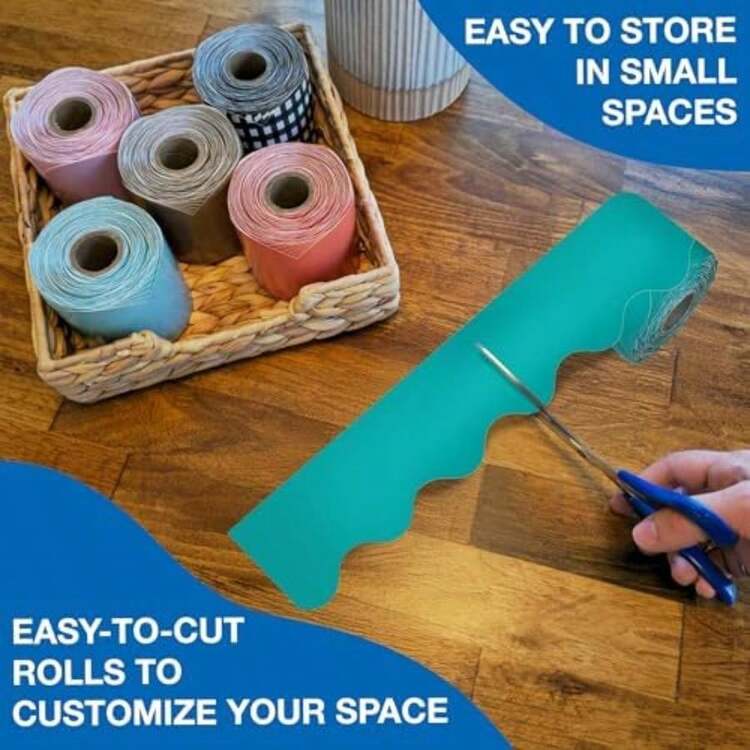 Carson Dellosa - Bordes amarillos para tablón de anuncios, 1 rollo de ribete festoneado para pizarrón blanca, corcho y pósterboard, decoraciones de fiesta y decoración de aula(verde azulado 65 Feet) - Multicolor - Añade 5