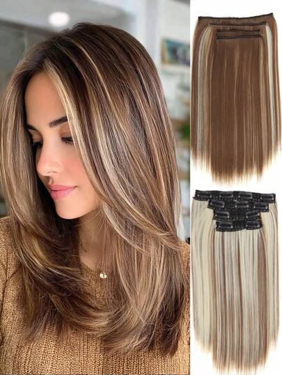 4pcs/Set Short Straight Hairpiece 35cm Synthetic Clip-In Hair Extension Straight Soft Invisible Brown Highlight Blonde Hairpiece For Women Daily Wear