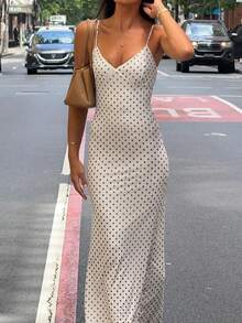 优雅波点印花吊带连衣裙，正式晚宴白色夏季礼服 - 白色 - 查看 5