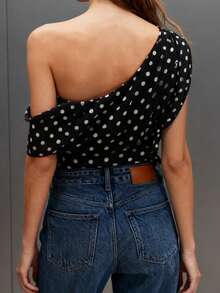 Womens One Shoulder Tank Tops  Sleeveless Dots Print Ruffle Tops Slim Fit Shirts - Black - View 2