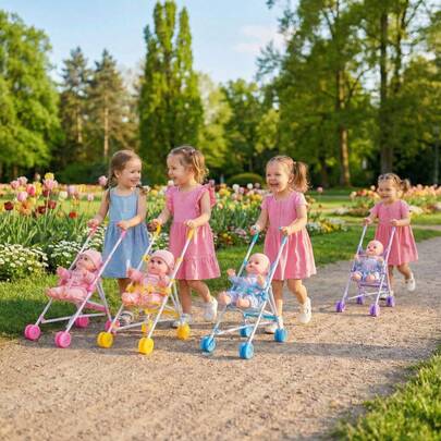 Foldable Doll Stroller With Floral Pattern, Suitable For 12-Inch Baby Dolls, Collapsible Pram For Toddlers And Girls, Includes Tools, Realistic Doll Stroller, For Children 3+ Years Old, Doll Not Included